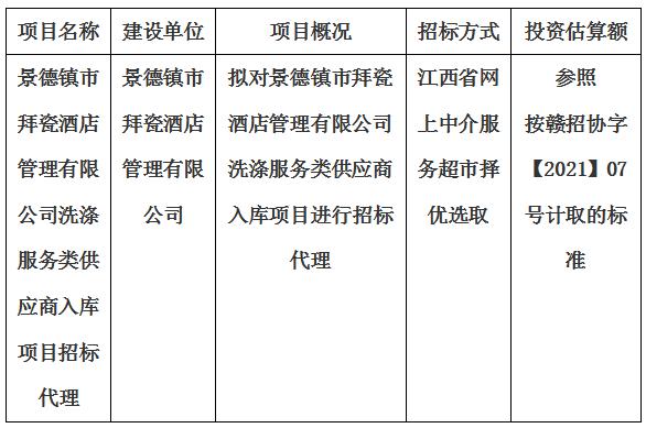 景德鎮市拜瓷酒店管理有限公司洗滌服務類供應商入庫項目招標代理計劃公告