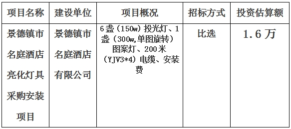 景德鎮市名庭酒店亮化燈具采購安裝項目計劃公告