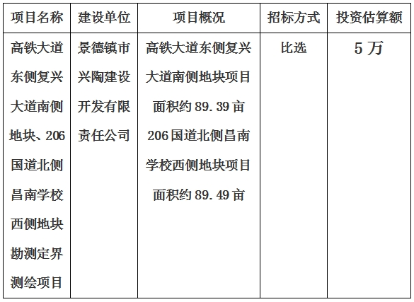 景德鎮市高鐵大道東側復興大道南側地塊、206國道北側昌南學校西側地塊勘測定界測繪項目計劃公告