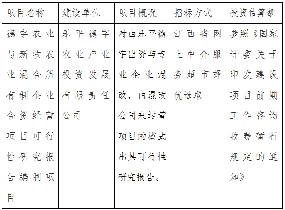 德宇農業與新牧農業混合所有制企業合資經營項目可行性研究報告編制項目計劃公告