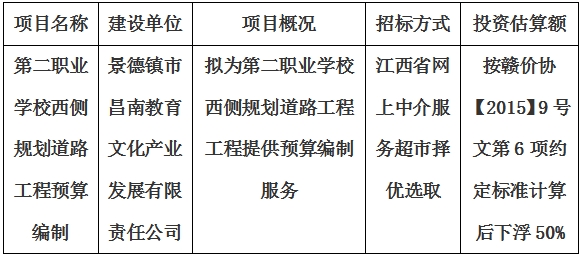 第二職業學校西側規劃道路工程預算編制計劃公告