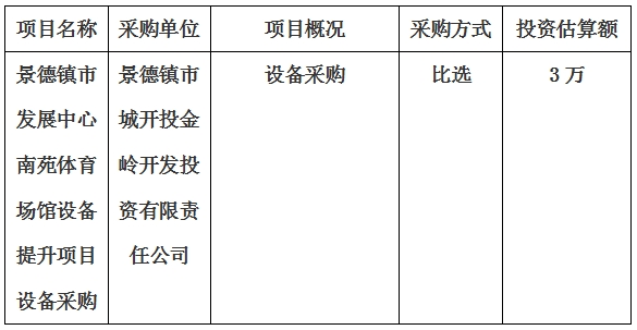 景德鎮(zhèn)市發(fā)展中心南苑體育場館設(shè)備提升項目設(shè)備采購計劃公告