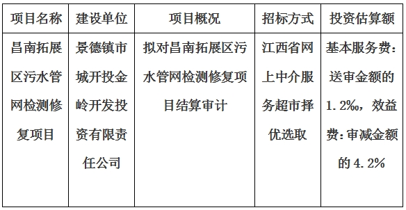 昌南拓展區(qū)污水管網(wǎng)檢測修復項目結算審計服務項目計劃公告