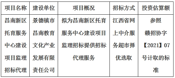 昌南新區托育服務中心建設項目監理招標代理計劃公告