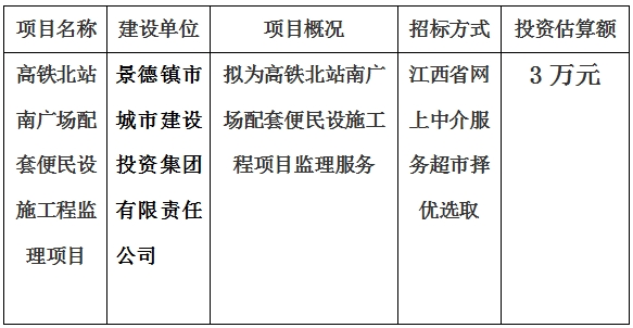 高鐵北站南廣場配套便民設施工程監理項目計劃公告