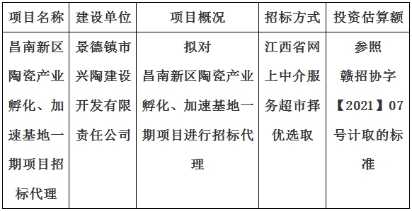 昌南新區(qū)陶瓷產(chǎn)業(yè)孵化、加速基地一期項目招標(biāo)代理計劃公告