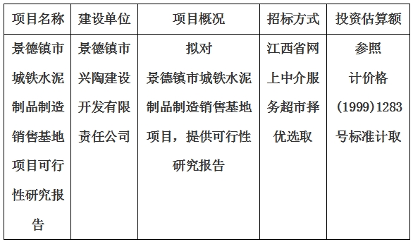 景德鎮市城鐵水泥制品制造銷售基地項目可行性研究報告計劃公告