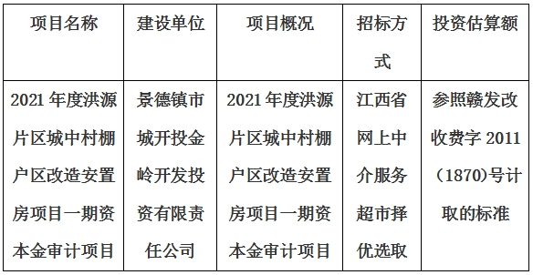 2021年度洪源片區(qū)城中村棚戶區(qū)改造安置房項(xiàng)目一期資本金審計項(xiàng)目計劃公告