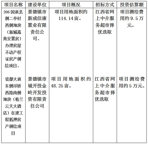 景德鎮市206國道北側二亭村西側地塊（新城嘉苑安置房）辦理房屋不動產權證房產測繪項目、瓷都大道東側浮橋西路南側地塊（格蘭云天大酒店）在建工程抵押房產測繪項目計劃公告