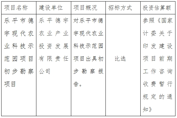 樂平德宇公司現代農業科技示范園項目初步勘察項目計劃公告